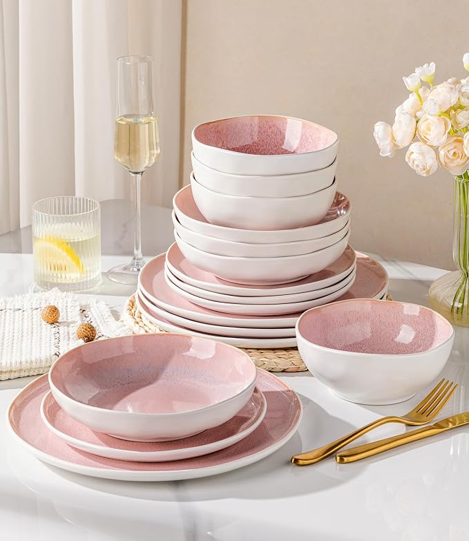 GBHOME Stoneware Dinnerware Sets for 6, 24 Pieces Rustic Ceramic Plates and Bowls Set, Handmade Reactive Glaze Plate Sets, Highly Chip Resistant Dishes, Microwave & Dishwasher Safe, Pink