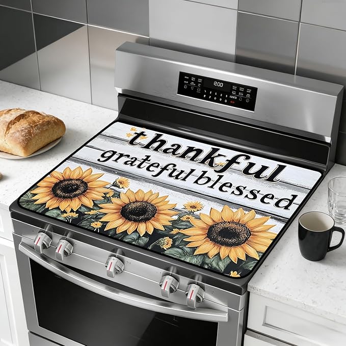 Stove Top Cover for Electric Stove, Vintage Farmhouse Style Glass Cooktop Protector, Multi-functional Kitchen Counter & Washer Top Cover