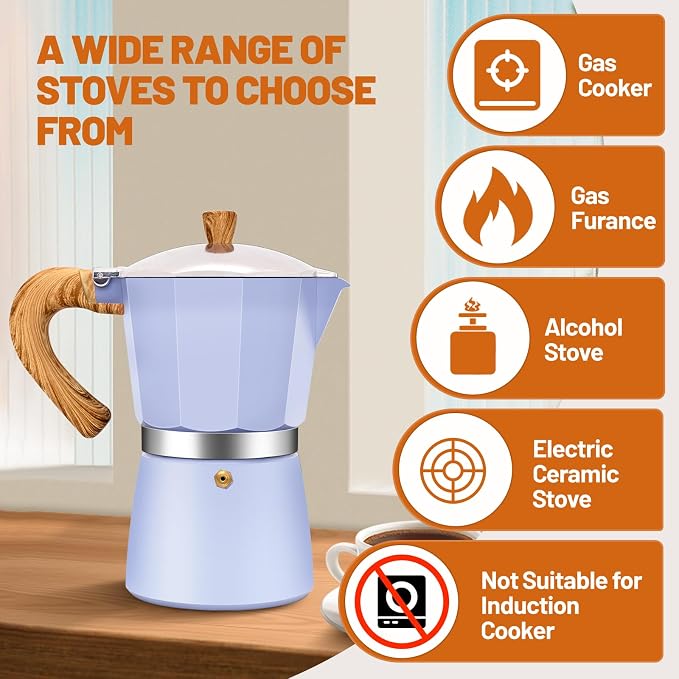 6 Cup Aluminum Espresso Stovetop Moka Pot Express Coffee Maker Percolator Italian Classic Mocha Coffee Machine for Italian and Cuban Cafe Brewing for Home & Camping 300ml 10oz