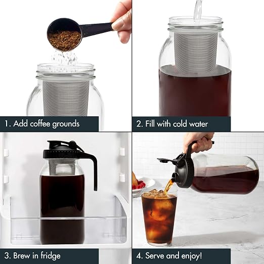 Primula Mason Jar Cold Brew Iced Coffee Maker with Stainless Steel Filter and Easy Pour Lid, Durable Glass Pitcher Fits in Most Fridge Doors, Dishwasher Safe, Made without BPA, 2-Quart, Black