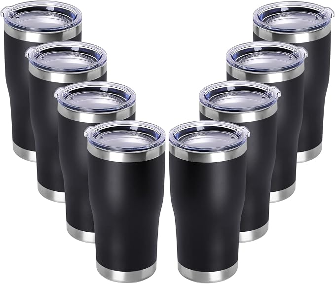 DOMICARE 20oz Tumbler with Lid Stainless Steel Tumblers Bulk, Double Wall Vacuum Insulated Coffee Travel Mug Powder Coated Tumbler, 8 Count (Pack of 1) Black