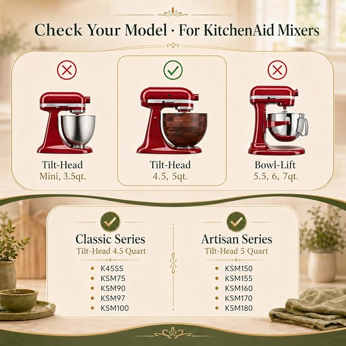 Premium Wood Mixing Bowl, Compatible with 4.5 & 5 QT KitchenAid Tilt-Head Stand Mixer. Natural Wooden Bowls, Kitchenaid Mixer Bowl with Stainless Steel Locking Base.4.5-5 Qt,Kitchen Gift Idea