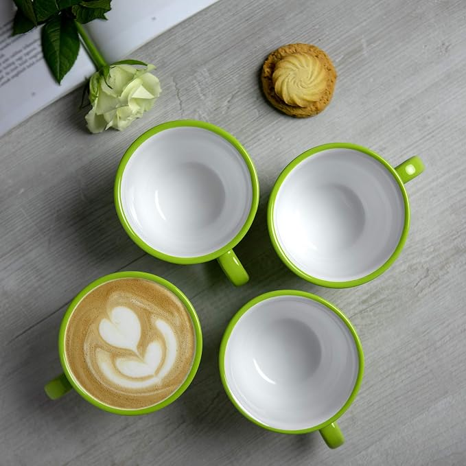 City to Cottage Handmade Lime Green and White Polka Dot Large Ceramic 12oz/350ml Cappuccino Coffee Tea Cup and Saucer, Unique Designer Pottery for Tea Lovers