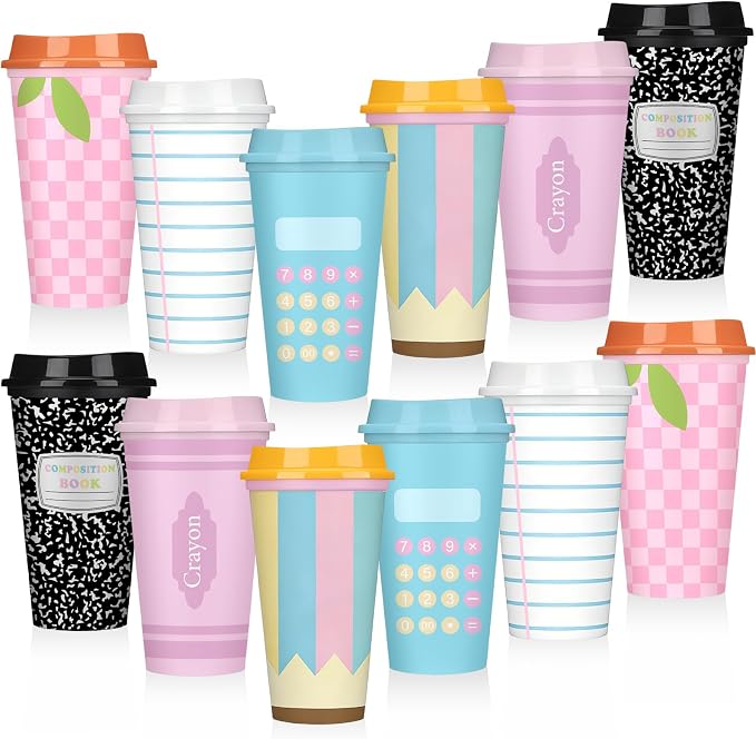 Skylety 12 Pcs Back to School Teachers Gifts Teacher Appreciation Gifts Teacher Deals Bulk Reusable Plastic Coffee Cup with Lid for First Day of School Party Decorations (Pastel)