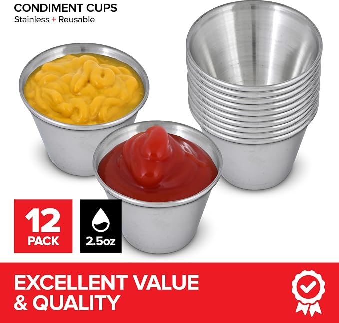 2.5 oz Stainless Steel Condiment Cups (12 Pack), Individual Portion Dipping Sauce Cups, Small Metal Ramekins for Ketchup, Marinara, BBQ Sauce, and More! Reusable Condiment Cups for Restaurants
