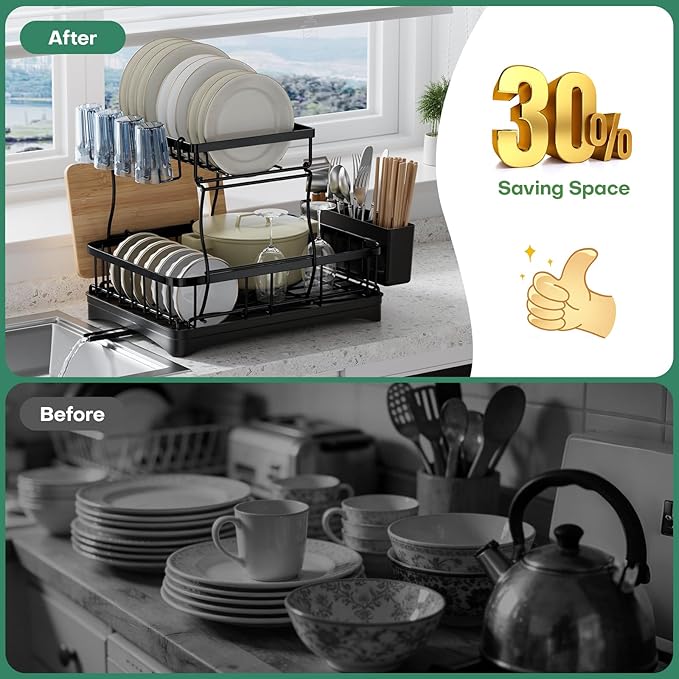 2 Tier Dish Rack, Carbon Steel Dish Drying Rack for Kitchen Organization & Storage, Countertop / Sink Dish Rack with Automatic Drain Tray, Large Capacity Black Dish Rack - Essential Home Kitchen Item