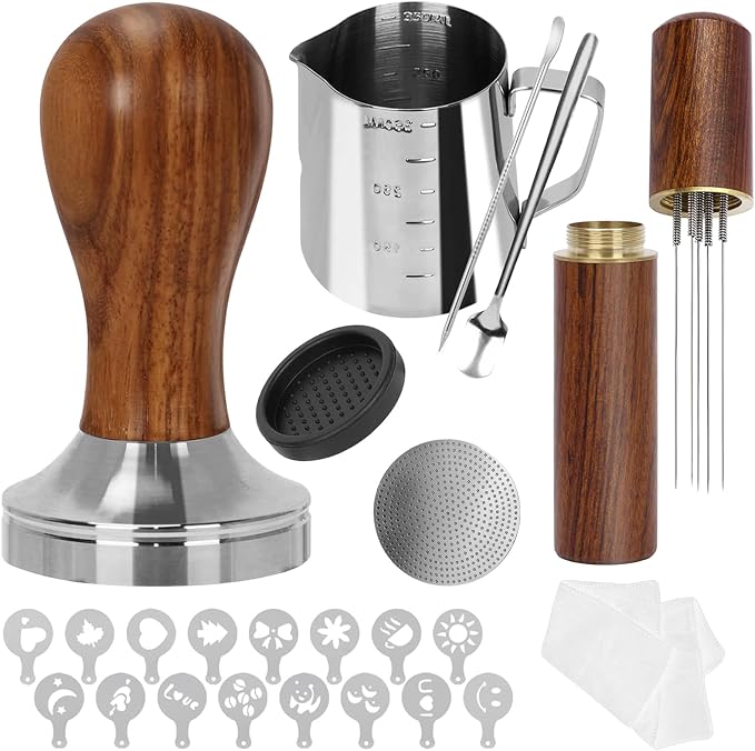 Gmnuiy51mm Coffee Tamper Set 24PCS, Espresso Accessories Kit Barista Kit,316stainlesss Tamper & WDT Tool,316stainlesss Frothing Pitcher, Stirrer, Tamper Mat, Latte Art Pen Coffee puck screen
