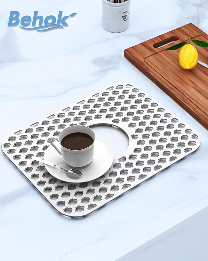 Silicone Sink Protector for Kitchen Bathroom Sink, 2 Pack 13.58"x 11.6" Heat-resistant Mat, Non-Slip and Durable Silicone Protectors, Center Drain (White)