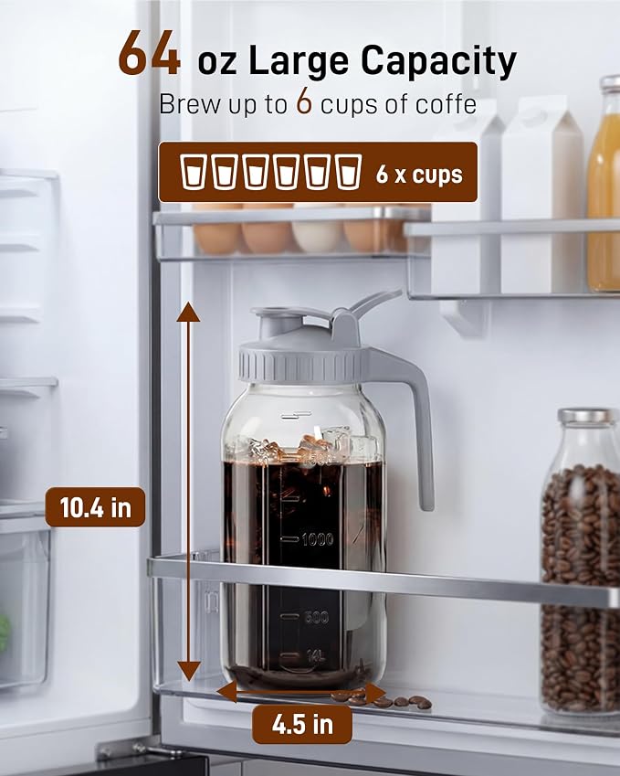 OneDream Cold Brew Coffee Maker, 2 Pack 64oz Stainless Steel Filter Cold Brew Pitcher Jar, No Leaks Cold Brew Mason Jar Coffee Maker, Easy to Clean Cold Coffee Maker