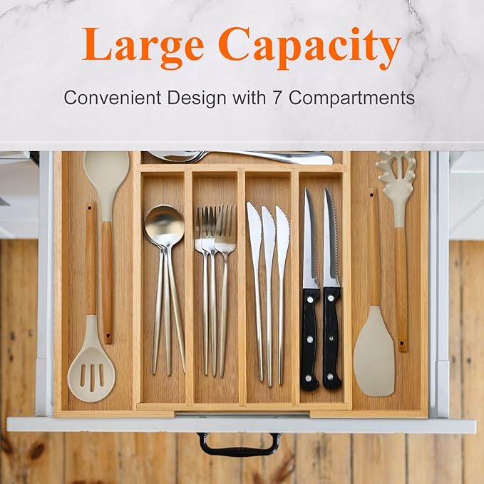 Expandable Large Kitchen Utensil Organizers Bamboo Silverware Drawer Organizer Tray Adjustable Flatware Organizer Fork Spoon Wood Cutlery Tray Cooking Utensils Holder Drawer Divider Silverware Trays