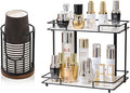 Black 2 Tier Bathroom Organizar and Black Bathroom Cup Dispenser with Acacia Wood Stand - Essential Bathroom Accessories for Toothbrush Holders & Mouthwash Cup Dispenser on Vanity Countertops