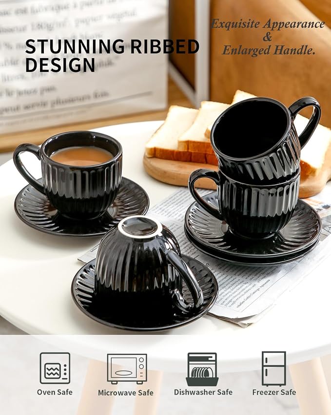 Hasense Ceramic Cappuccino Cups and Saucers - 8 Oz, Large Ribbed Coffee Mugs Set of 4 for Coffee,Tea,Latte and Macchiato, Demitasse Cups Set Aesthetic Gifty, Black