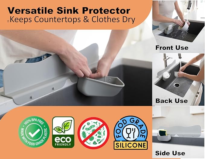 Silicone Sink Splash Guard with Sponge Holder -19.5" x 4.5" x 2.5",- Strong Suction - Sink Edge Protectors for Kitchen Sink - Kitchen Sink Splash Guard - Gray