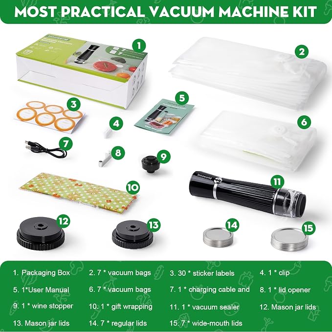 3-in-1 Vacuum Sealer for Food Compatible with Vacuum Bag, Mason Jar, Wine Bottle, Handheld Saver Compact Vacuum Sealer Machine (Vacuum Sealer(Black)+Bags+Mason Jar Lids+Stopper)