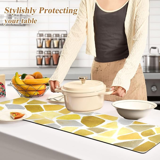 2 in 1 Table Runner Trivet for Hot Pots and Pans Heat Resistant Non Slip Waterproof 39 x 12 Inch Decorative Table Protector for Kitchen Countertop Yellow Terrazzo