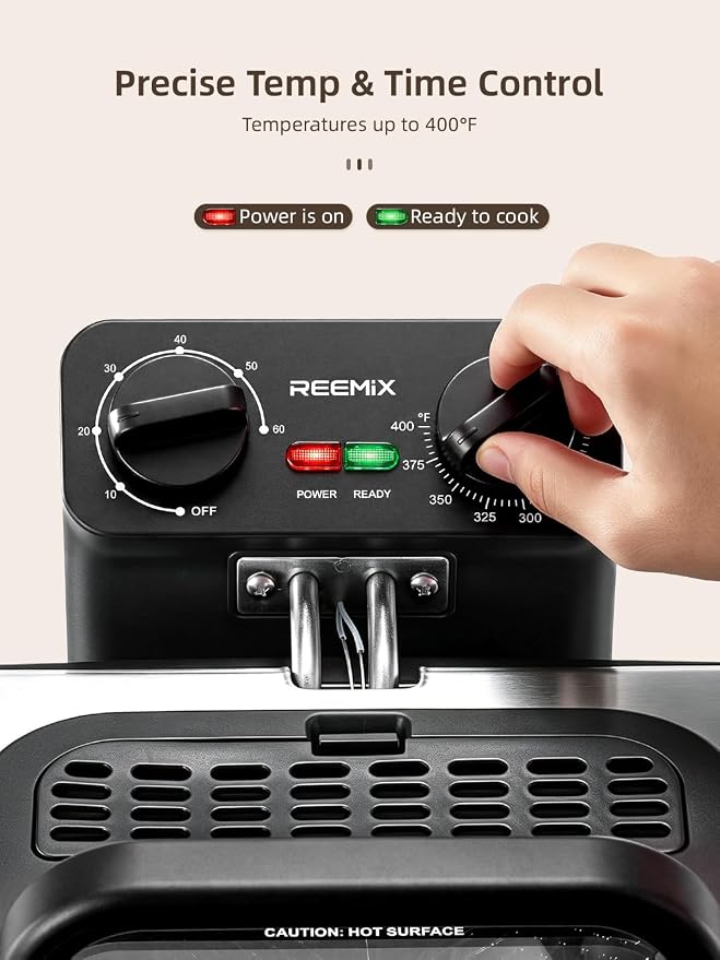 Reemix 4.5L Electric Deep Fryer with 3 Stainless Steel Baskets, 1700W, 2 x 2-Qt and 1 x 4-Qt Baskets, Viewing Window, Adjustable Timer and Temperature up to 400°F, Breakaway Cord