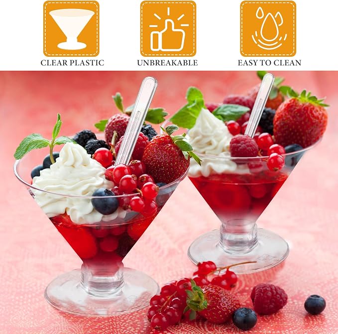Yinkin 50 Pcs 5 oz Plastic Martini Glasses Disposable Clear Cocktail Dessert Parfait Glasses Unbreakable Mini Martini Cups for Wedding Party Bowl Wine Ice Cream (Stemless)