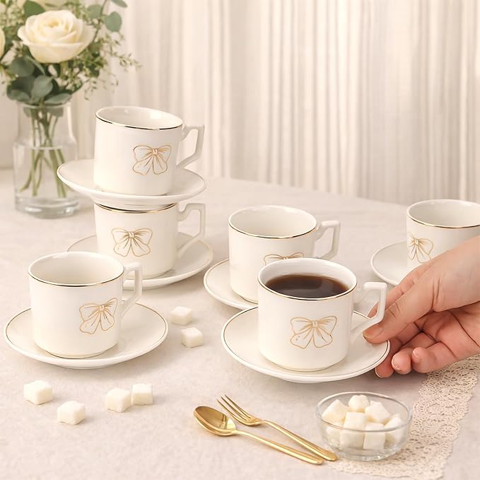 ALIMOTA 3.5oz Ceramic Coffee Espresso Cup with Saucers Set, Elegant Bow Deco Coffee Cup Gift for Cappuccino, Tea, Espresso, Latte, Coffee, Cafe Mocha, Set of 6, White