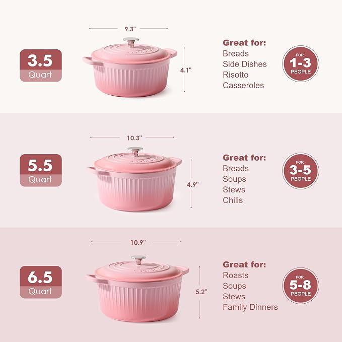 SENSARTE Enameled Cast Iron Dutch Oven Pot with Lid 3.5/5.5/6.5 Quart Heavy-Duty Round Dual Handles Kitchen Pot with Cotton Potholders & Silicone Trivet, Pot for Bread Baking, Stews, Braising, Roasting, Oven Safe, 3.5 Quart, Pink
