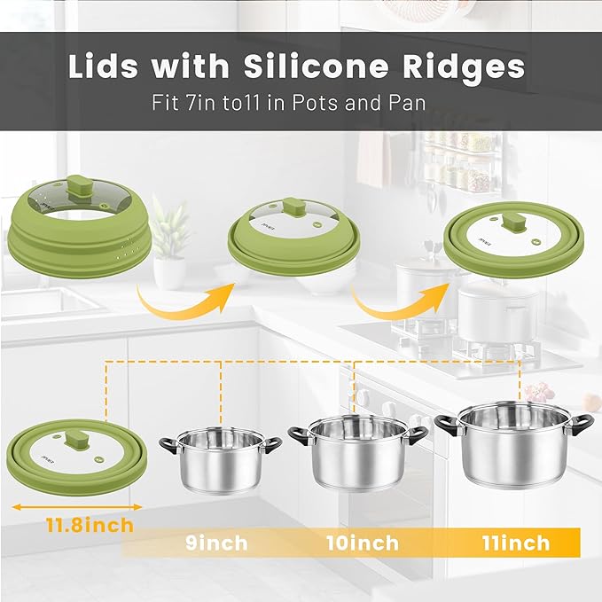 Microwave Splatter Cover, Vented Silicone and Glass Cover Splatter Guard Lid, Food Collapsible Plate Cover Lid with Easy Grip Handle. (Green, 11.8 inch)