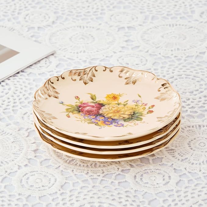 YOLIFE Tea Saucers Set of 4, 5.8 inch – Ivory Vintage Floral Porcelain Tea Plates for Cups with Gold Leaves Trim, Ideal for Tea Parties