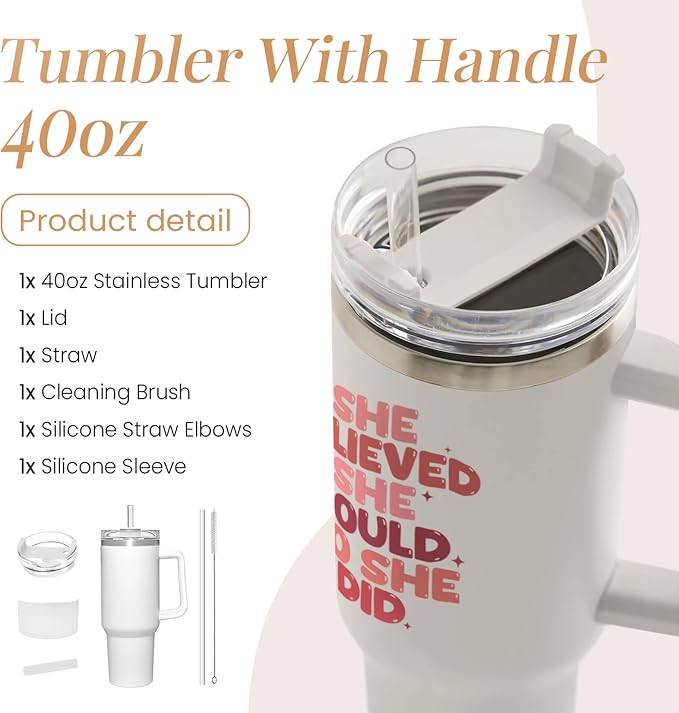 SANDJEST Graduation Gift for Women She Believed She Could So She Did Tumbler 40oz Stainless Steel Insulated with Handle and Straw - New Job, Going Away, Inspirational Design
