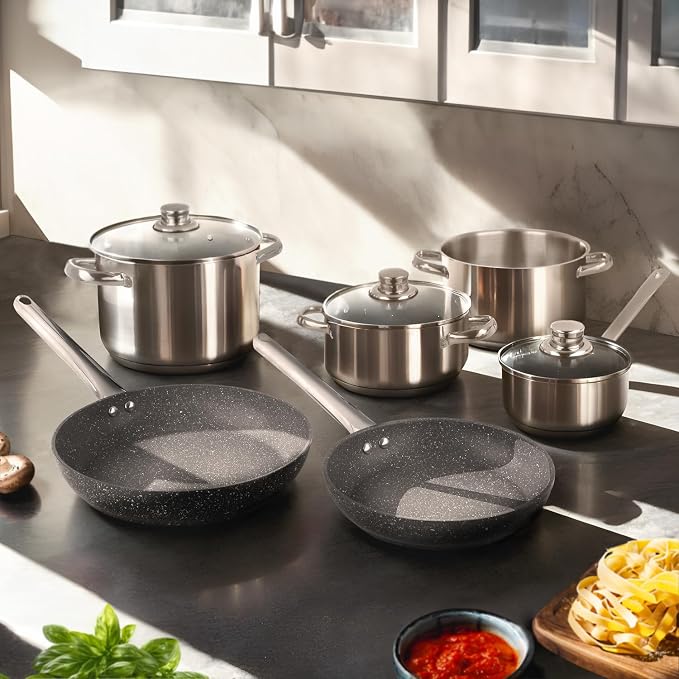 KASANOVA Grand Family 9Pcs Cookware set, Stainless steel pots, Nonstick aluminum frying pans, PFOA-free, Induction safe, Oven-safe up to 356°F