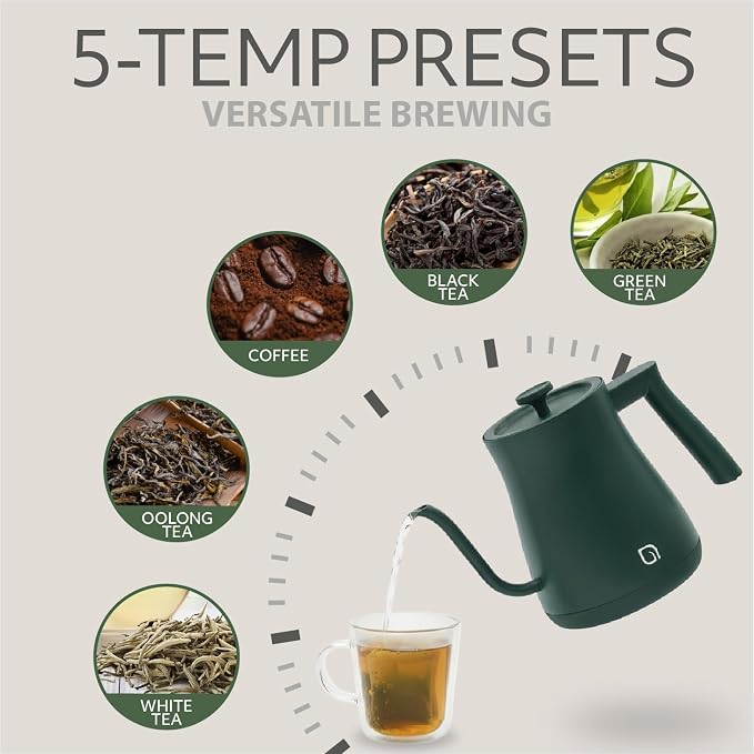 WILLOW ECO SERIES Gooseneck Electric Kettle with 5 Temperature Presets and Keep Warm Feature, 0.8L Pour Over Kettle for Coffee & Tea 1200W Quick Heating with 100% Stainless Steel Interior Water Heater