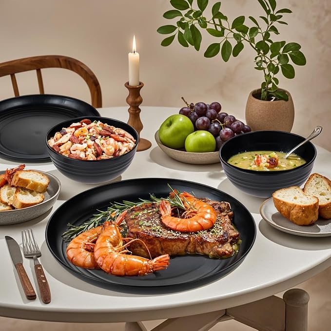 Supernal 24pc Black Wheat Straw Dinnerware Set, Unbreakable Dish Set for 6 | 24pc matte black wheat straw dinnerware set for 6. Lightweight, unbreakable, microwave & dishwasher safe kitchen dish set.