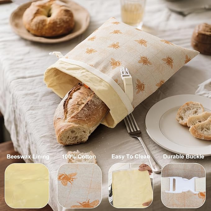 Reusable Beeswax Bread Bags for Homemade Bread & Sourdough, 2-Pack XL Airtight Food Storage Bags, Organic Cotton Linen Covers - Freezer-Friendly Freshness Preservation Keeps Fresh Longer