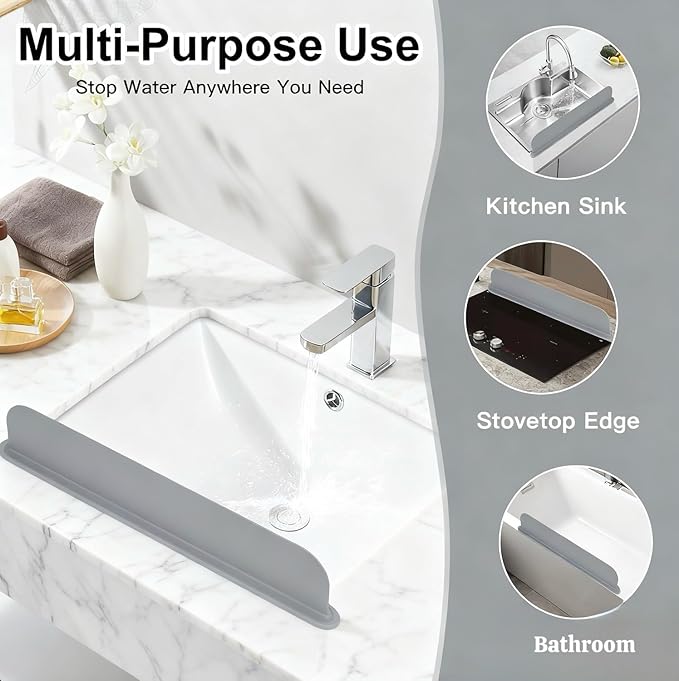 Silicone Sink Splash Guard – Extra-Long 19.3" Water Protector for Kitchen & Bathroom, No-Slip, Heat-Resistant, Dishwasher Safe (19.3 * 3.3 * 2in) (grey)
