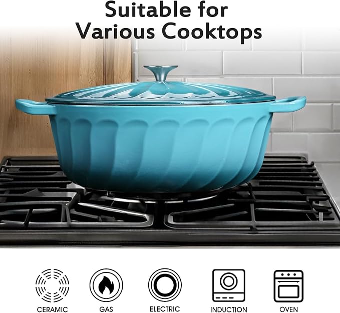 Enameled Dutch Oven Pot with Lid, 7 QT Cast Iron Dutch Oven with Dual Handles, Oval Dutch Oven for Cooking, Bread Baking, Frying, Non-stick Enamel Coated Oven (Blue-Green)