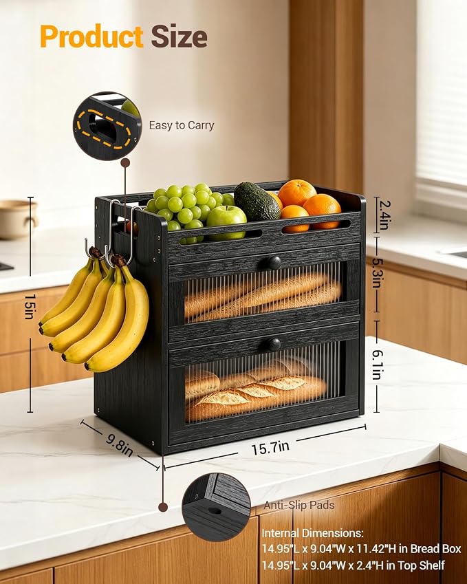 Bread Box for Kitchen Countertop, 2-Tier Bamboo Bread Storage Container with Acrylic Window, Raised-Rail Top Shelf and 2 Banana Hooks, Farmhouse Counter Organizer for Pantry, Black