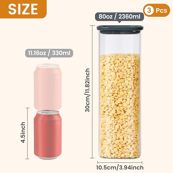 Square Glass Food Storage Jars with Lids 2.5 Qt Set of 3, Perfect for Pasta, Cookies, Nuts, Coffee, Cereal, Flour, Organize Your Kitchen with these BPA-Free Glass Jars with Lids