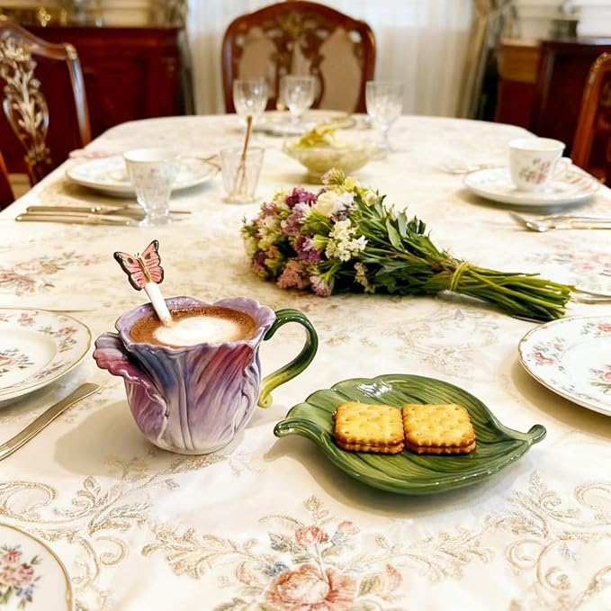 Ceramic Tea Cup and Saucer Set ，8OZ 3D Hand-Painted Flower Coffee Mug，Gift for Women -Pinkish Purple