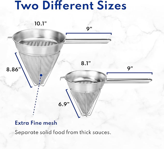 New Star Foodservice Reinforced Bouillon Strainer, 8-Inch, Fine Mesh, 18/8 Stainless Steel, Commercial Kitchen Strainer for Stocks, Sauces, Soups, and Purees
