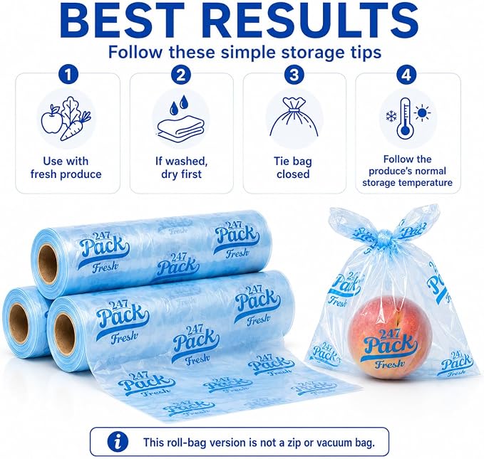 Freshpack 247 Produce Storage Bags Roll 10 x 14 Inches 1 Gallon Tear Off Reusable Food Storage Bags For Fruits Vegetables Meal Prep Lunch Pantry Use