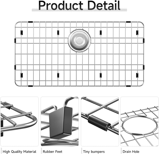 Sink Grid for Single Bowl Kitchen Sink, Stainless Steel Sink Protector Grate with Rear Drain, 28-3/8’’ x 14-3/16’’ Sink Bottom Protector for Kitchen Sink