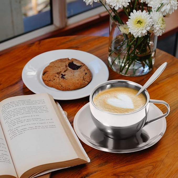 Hemoton Stainless Steel Coffee Cup Set with Saucer and Spoon 2-Piece 4.13X3.14X2.16In European Style Tea Mugs 304 Material for Home Cafe Party