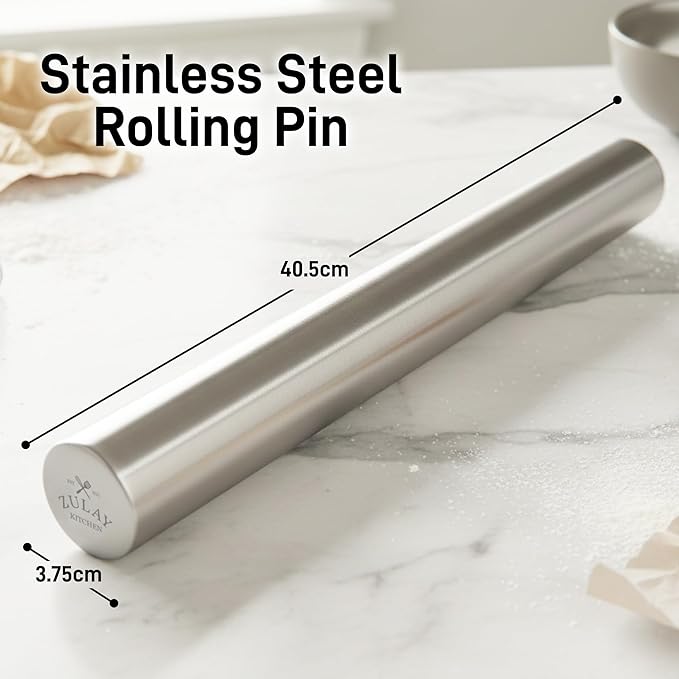 Zulay Kitchen 15.9 inch Professional Stainless Steel Rolling Pin - Lightweight Metal French Rolling Pin - Perfect for Baking, Fondant, Pizza Dough Roller, Dumpling
