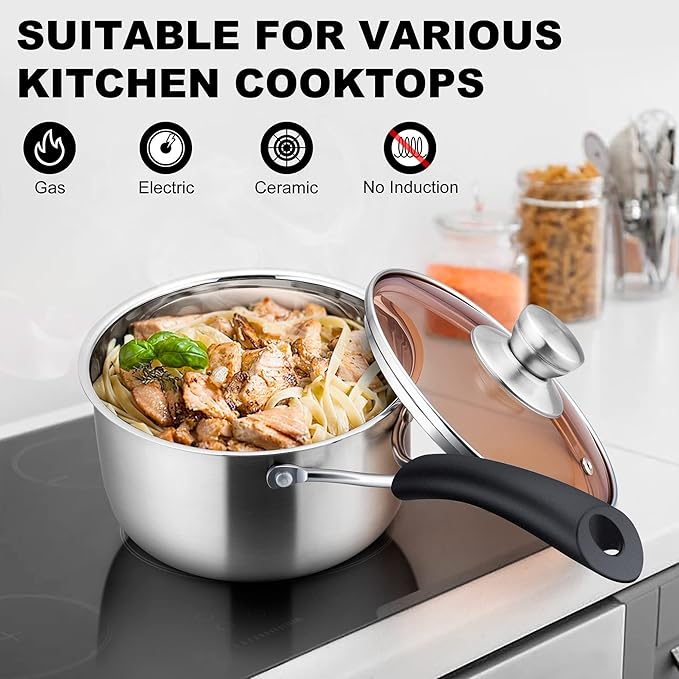 LIANYU 2QT Saucepan with Cooking Utensils, 2 Quart Stainless Steel Sauce Small Pot Soup Milk Pan, Silicone Kitchen Utensils Set with Holder, Dishwasher Safe