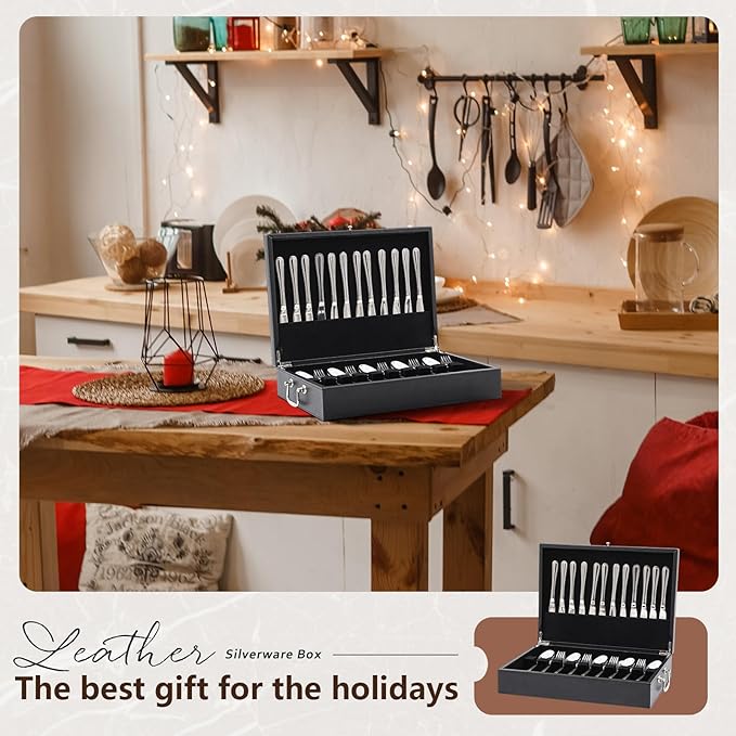 DoubleFill 1 Layer Leather Silverware Storage Box with Lid and Handles, Anti Tarnish Silverware Storage Chest Case with Felt-lined for 12 Sets of Utensils Flatware Gifts, 15.3x11.2x3.6 Inch
