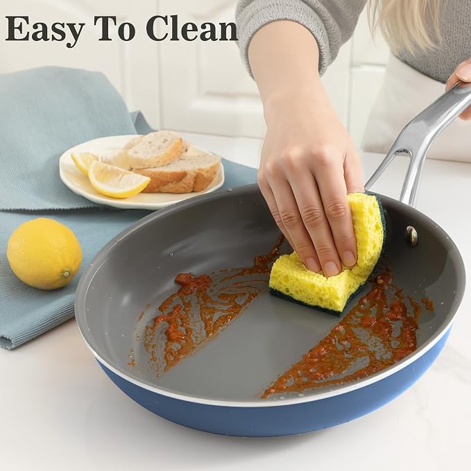 7-Piece Blue Ceramic Nonstick Cookware Set, Pots & Pans | 4 pots, 3 clear lids; stay-cool grips; 100% PFAS-free; 480°F oven & dishwasher safe; heavy daily family cooking routines