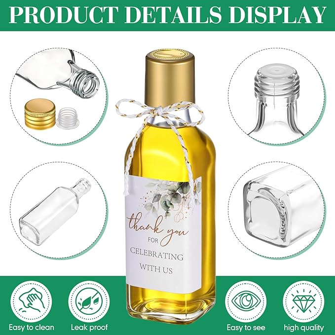 Reallnaive 20 Pack 3 oz Mini Glass Olive Oil Bottles Set, Homemade Wedding Sauce Gift Bottles Leakproof Screw Cap, Thank You Wedding Stickers for Storing Oil Honey Bridal Baby Shower Favors (Gold)