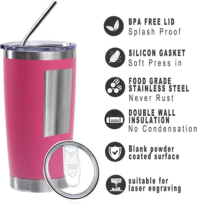 20oz insulted tumblers stainless steel cup Tumbler Bulk with push Lid, and metal straw powder coated coffee cup for cold and hot drinking (48, magenta)