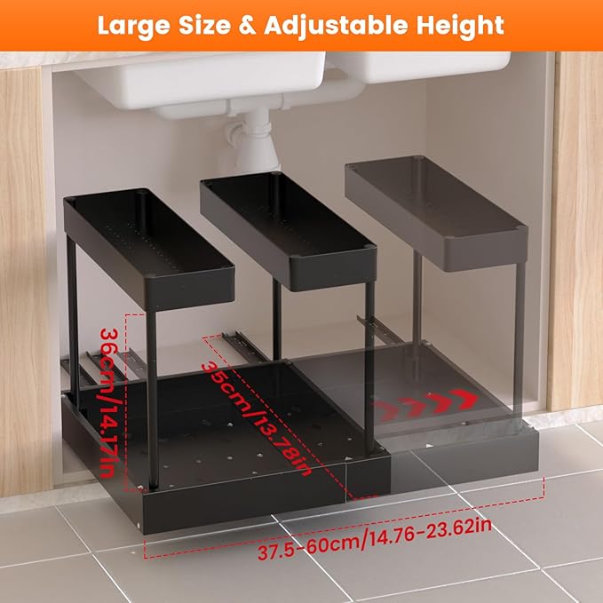 Expandable Under Sink Organizers and Storage,Width Adjustable (14.9-23.6IN),No Drill 2-Tier Pull Out Under Cabinet Organizer for Kitchen Bathroom Laundry (black)