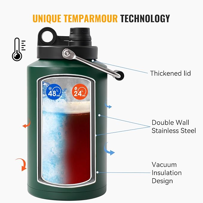 Insulated Gallon Jug with Handle, One Gallon, 128oz Stainless Steel, Large Double Vacuum Water Bottle for Cold Drinks, Wide Mouth, Sweat Proof, Carrier bag, Great for Travel, Camping, Green