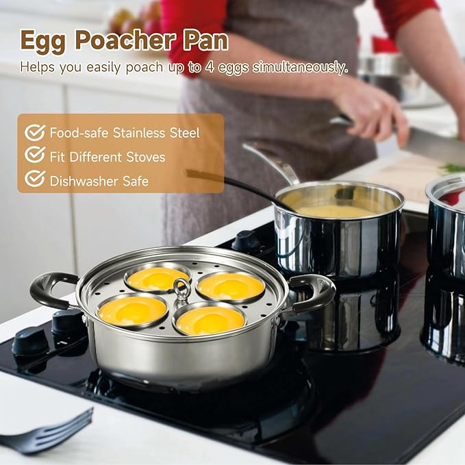 Egg Poacher Pan Nonstick 4 Eggs, Poached Egg Cooker, Poached Egg Pan, Stainless Steel Egg Poacher, Includes Stainless Steel Pot, 4 Cups, Silicone Brush & Spatula, Suitable for Multiple Stove Types (without coating)