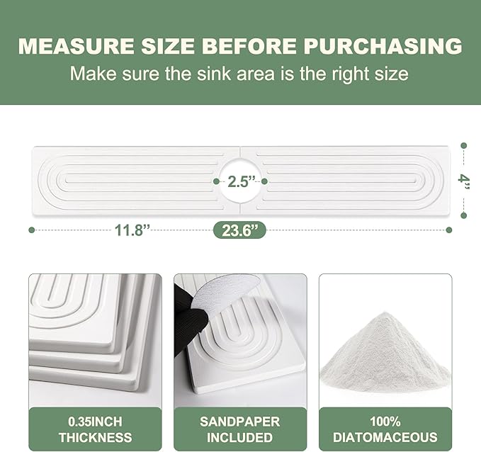 Meiliweser Faucet Mat for Kitchen Sink, Diatomite Quick Drying Stone Mat & Sink Protector, 23.6" x 4" Kitchen Sink Splash Guard, Absorbing Stone Tray for Bathroom Counter (White)