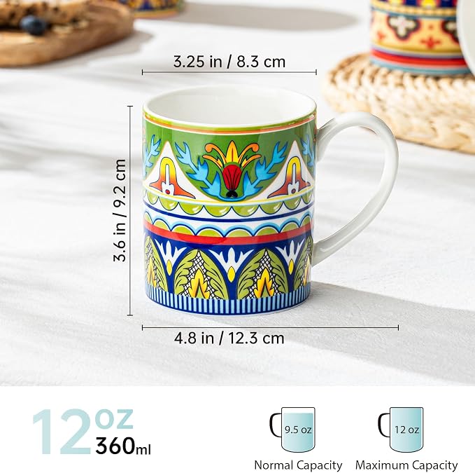 UNICASA Ceramic Coffee Mug Set of 4, 10 oz Colorful Cups with Handle, Boho Style for Latte, Cappuccino, Cocoa, Microwave & Dishwasher Safe